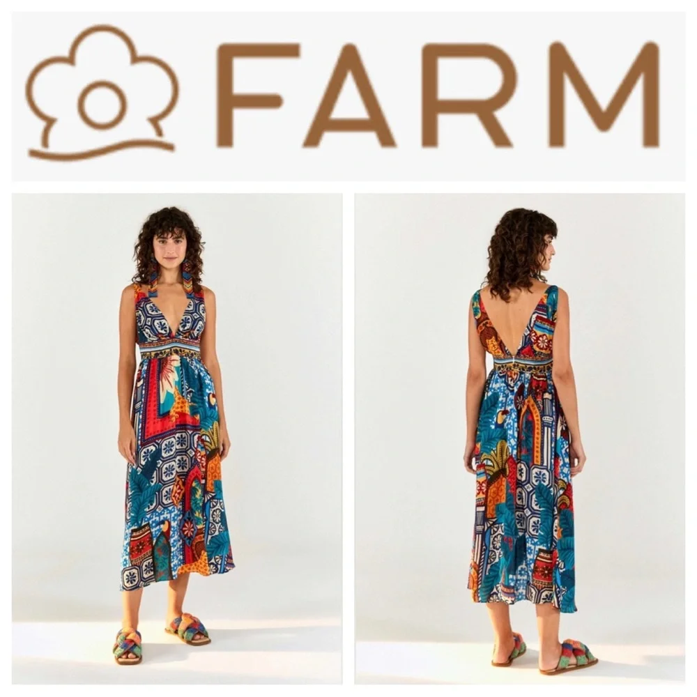 FARM RIO Tiles Flowy Print V-neck Dress - Picture 1 of 9